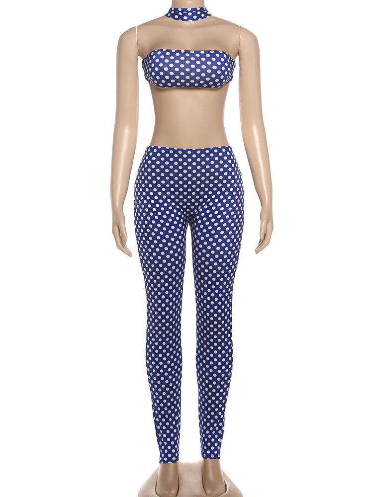 Maxy Weird Puss Dot Print Women 2 Piece Set Tracksuit Sexy Backless Halter Tank Tops+Leggings Matching Streetwear Stretch Outfits