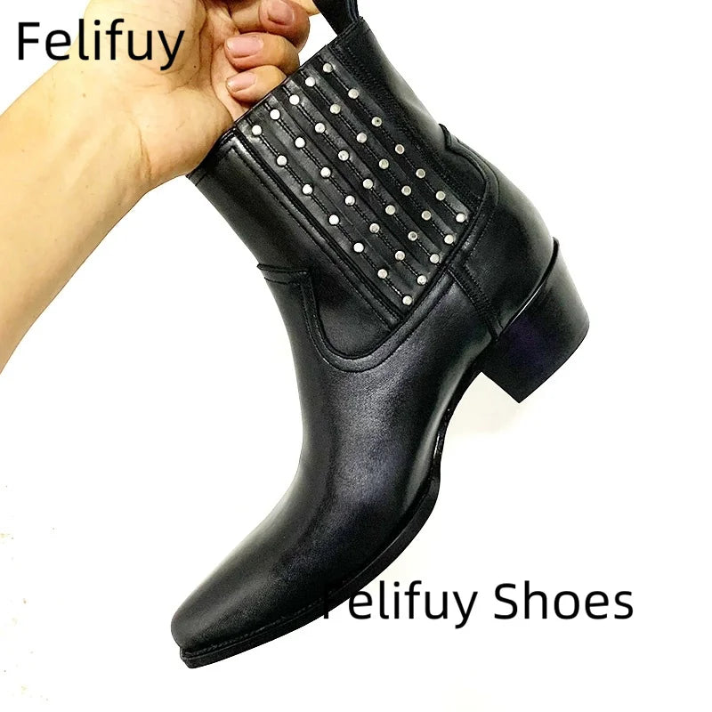 Maxy Studded Chelsea Boots Men Black Ankle Boots Luxury Designer Real Leather Men Booties Handmade Luxury Botas Thigh High Boots