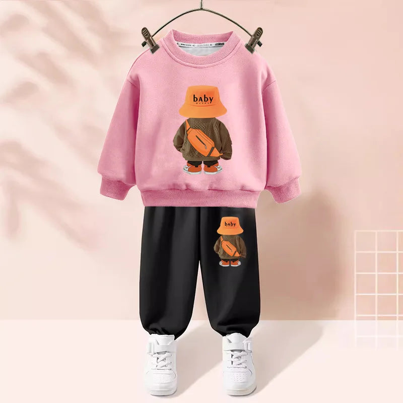 Maxy Autumn Baby Girl Boy Clothes Set Children Sports Cartoon Bear Sweatshirt Top and Pants Two Piece Suit 3-12 Years Kids Tracksuit