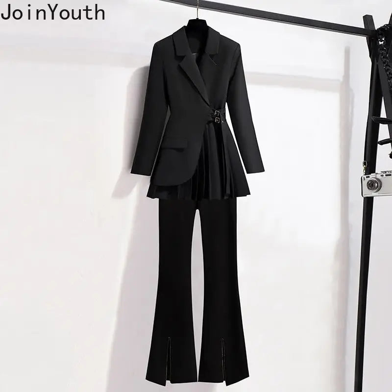 Two Piece Sets Womens Outfits Roupas Femme Temperament Pleated Tailored Coat Tunic Aplit Flare Pants Suit Fashion Korean Set