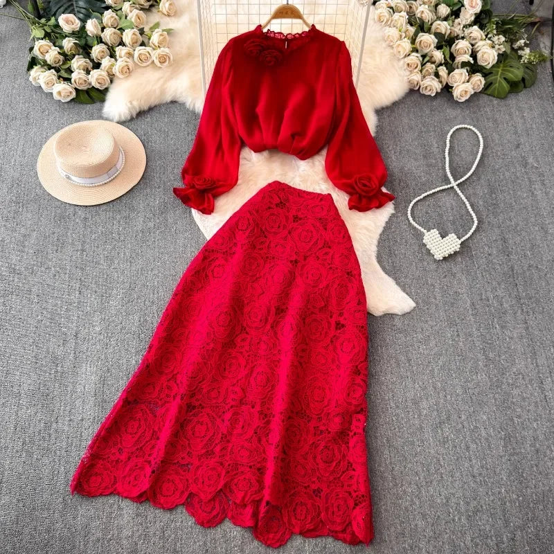 Women 2 Piece Sets Elegant Vintage O-neck 3D Flower Chiffon Shirts Hollow Out Lace Bodycon Skirts Suit Summer Two Piece Set