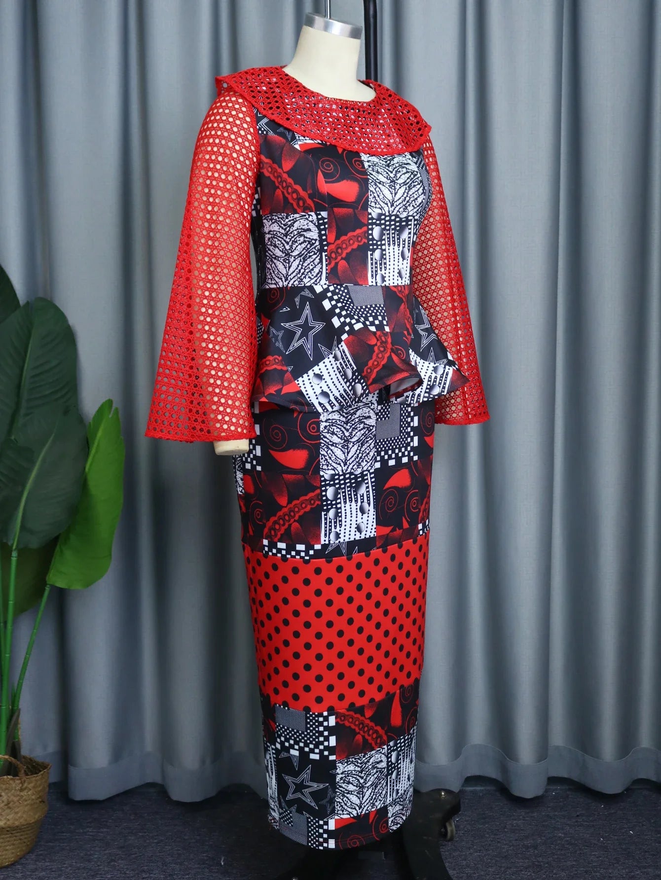 Printed Dress Women Floral 2024 Black Long Party Hollow Out Robes Patchwork Ruffle See Through Vintage Celebrate Occasion Gown