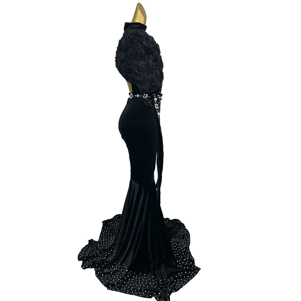 Maxy Women Velvet Backless Evening Dress Sparkling Rhinestone Pearls High-end Floor-length Dress Birthday Party Queen Couture Sirong