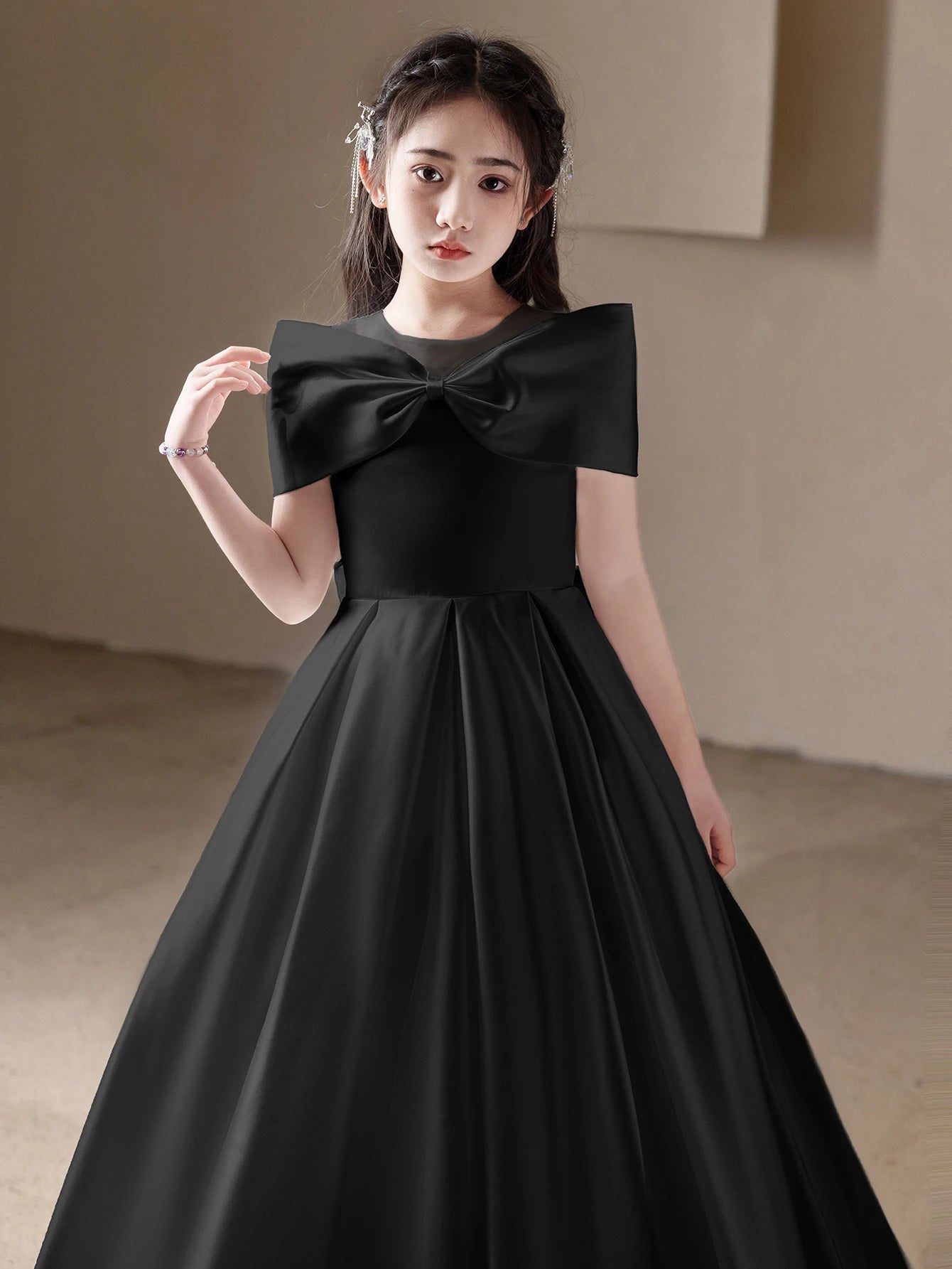 Maxy Girls, Teenagers Black High-End Long Dresses Children's Birthday Parties Weddings Big Bows Evening Dresses