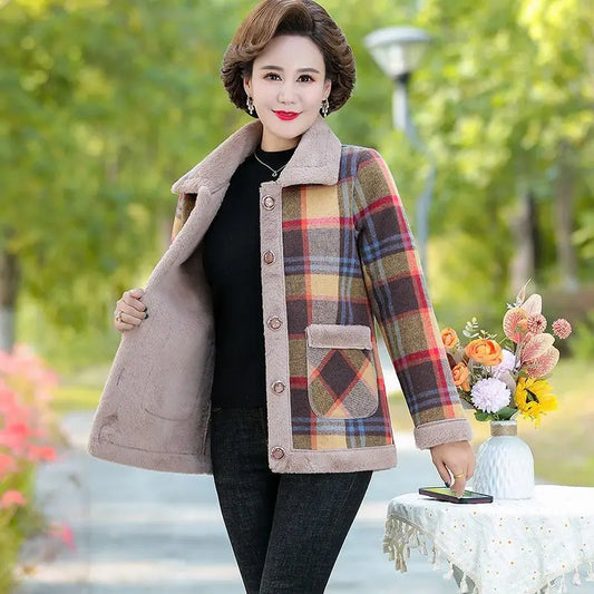 Middle-aged Mother New Cashmere Coat Autumn Winter Thick Warm Plaid Lambswool Jacket Female Add Velvet Parkas