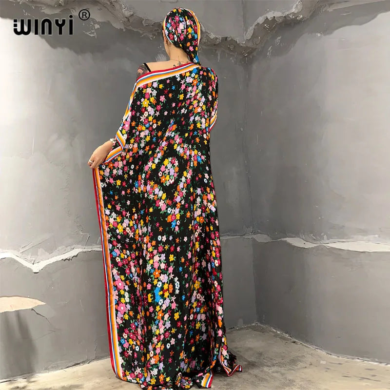 Maxy summer boho print Africa dress Dubai Muslim Dashiki Caftan holiday Design With belt evening dress party abayas for women