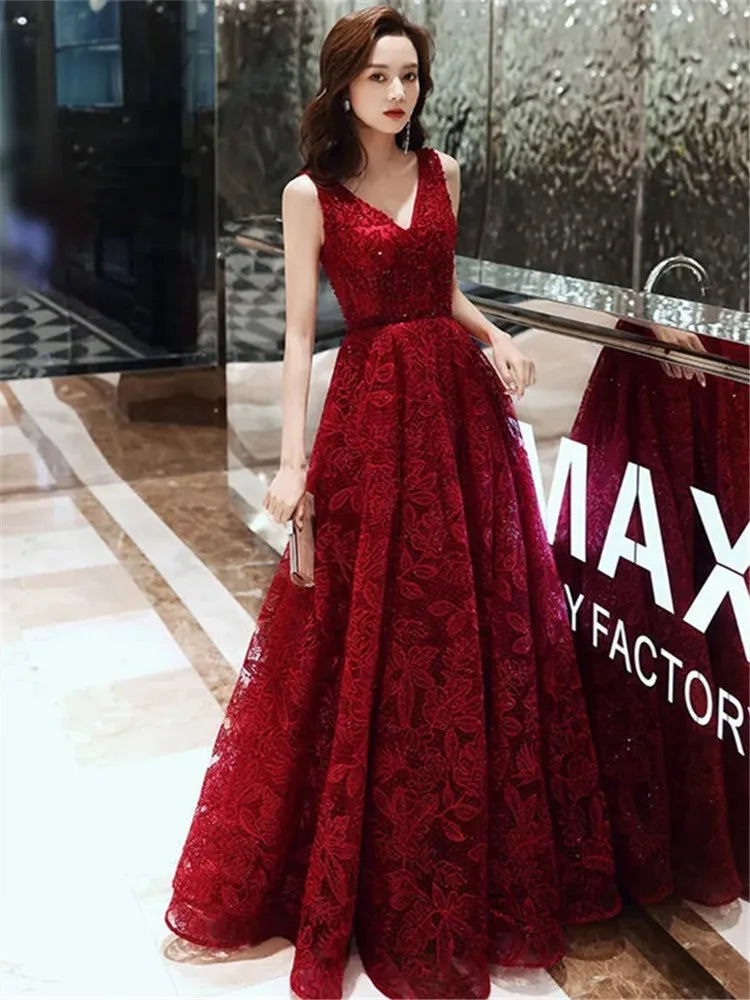 Maxy Wine Red Dress Solid Color Sequin V-neck Long A-line Skirt Elegant Evening Gown M047