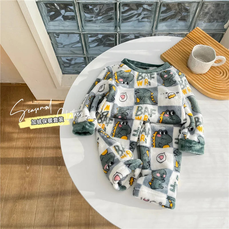 Maxy New 2024 Autumn Winter Kids Thick Warm Flannel Pajama Sets Baby Boys Girls Cartoon Long Sleeve O-neck Clothing Sleepwear Pyjamas