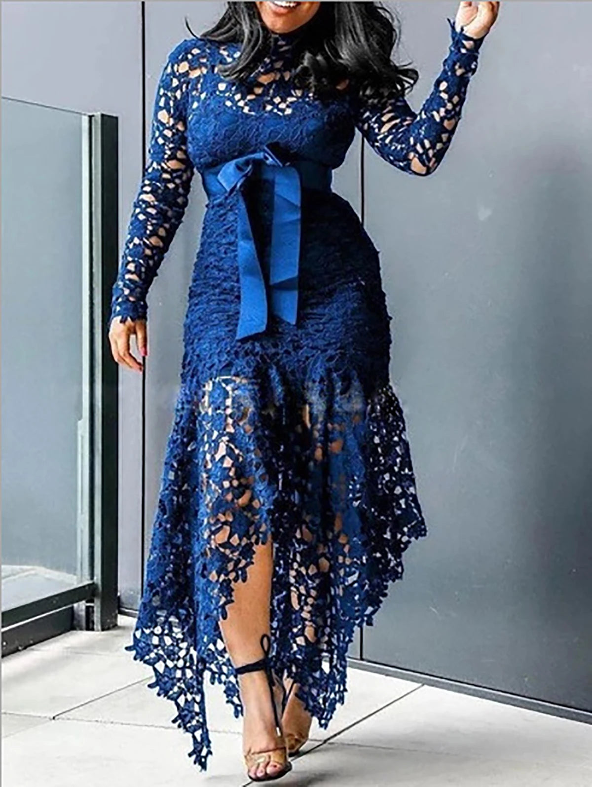 Maxy Women Elegant French Lace Dress Stand Up Collar Puff Sleeve Slim Sexy Hollow Out Irregular Hem Party Club Evening Midi Dresses