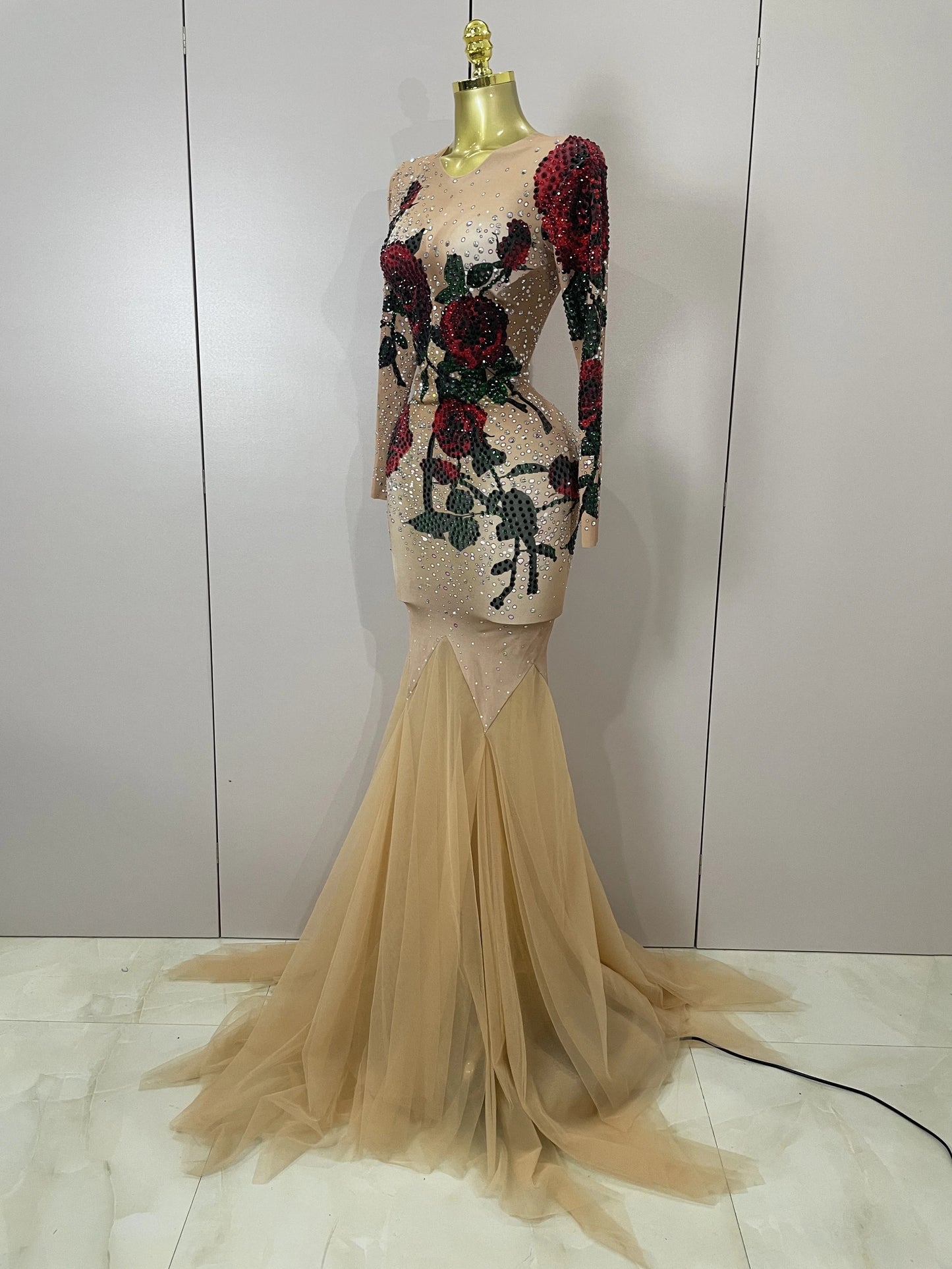 Maxy Sexy Shiny Rhinestone Rose Floral Floor-Length Dress Evening Women Eveing Celebrate Birthday Party Nightclub Performance Costume