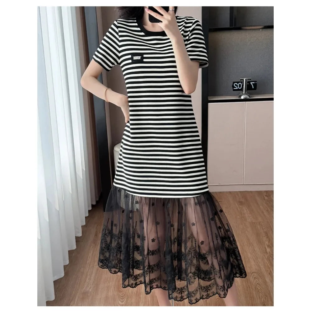 Maxy Elegant Vintage Elegant Spliced Striped Slim Dresses Evening High Street Plus Size Clothing women clothing