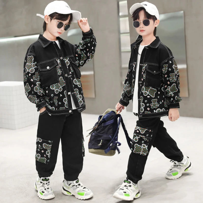 Maxy Boys Coat +Pants Kids Suits 2PCS/Set Cotton Cool Jean Spring Autumn Cotton Jogging Suit Teenagers Children Clothing