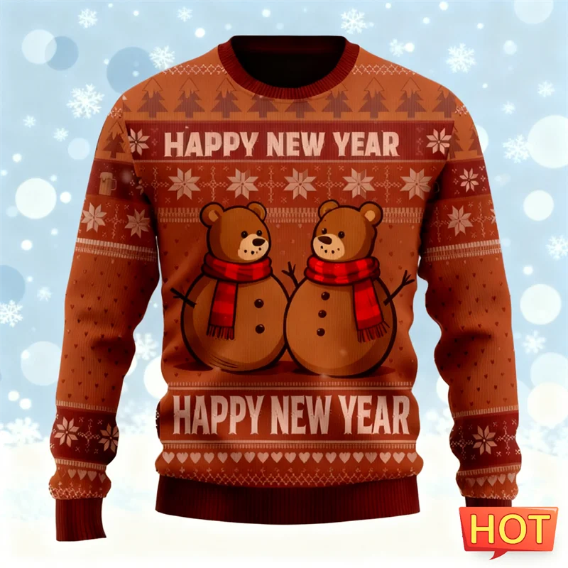 Maxy New Happy New Year Letters Sweatshirts Simple Fashion Holiday Wear 3D Printed Ugly Christmas Sweater Casual Oversized Tops