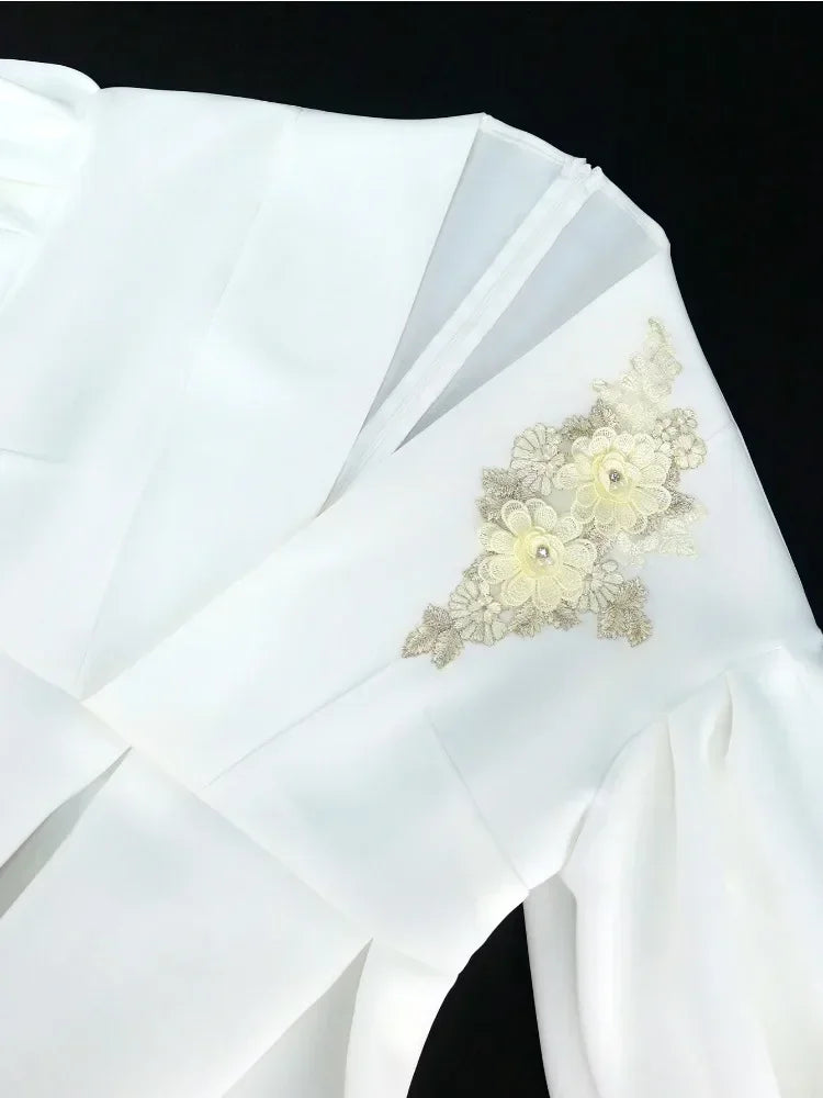 Amay Elegant Women White Dress Set 2 Piece Outfits Cute Peplum Ruffle Tops with Appliques Pencil Skirt Sets Office Work Wedding Guest