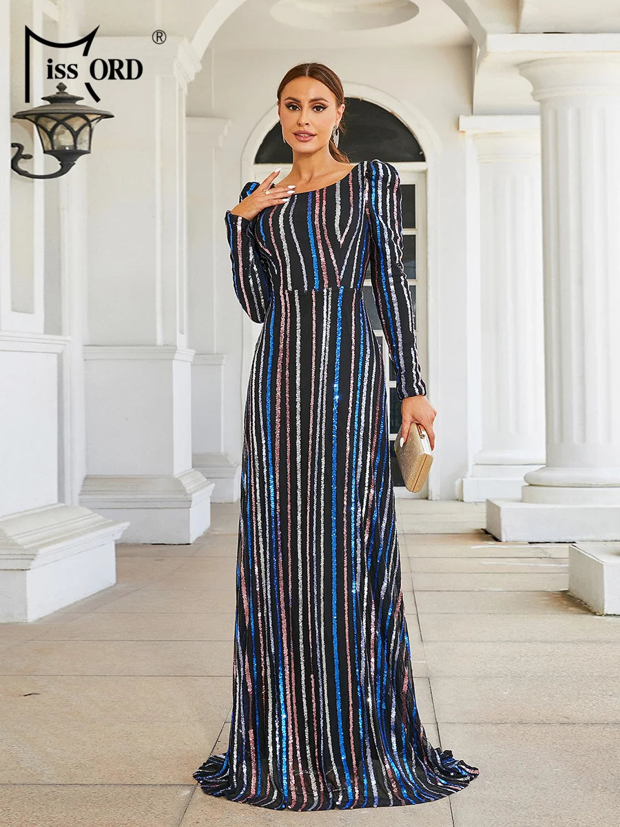 Missord 2024 New Round Neck Long Sleeved Striped Sequin Evening Wedding Birthday Party Maxi Dress