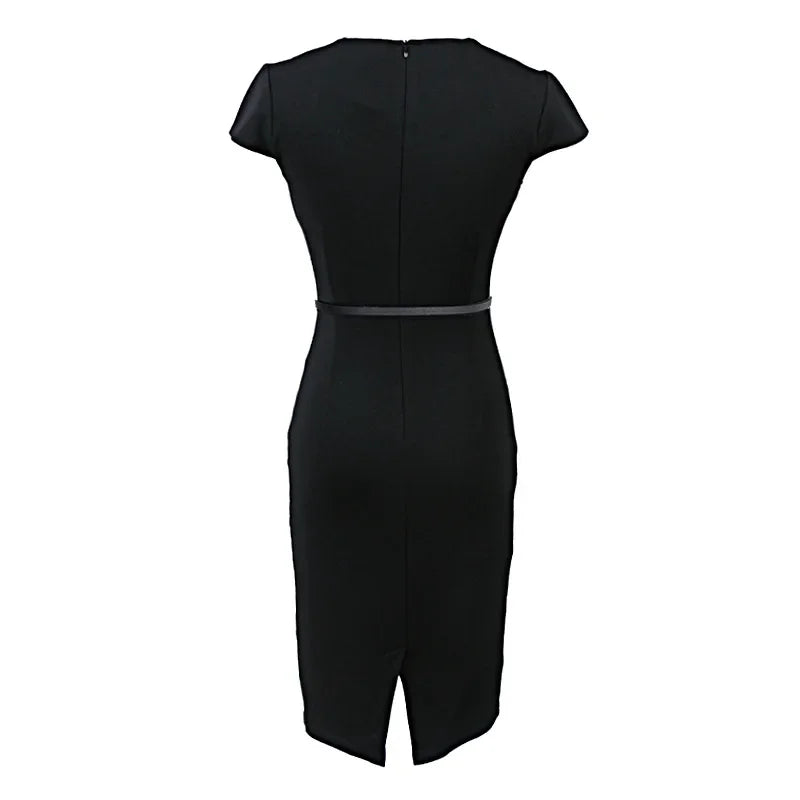 Women Office Lady Pencil Dress 2024 Elegant Business Work Wear Stretch Short Sleeve Patchwork Slim Bodycon Female Sheath Dresses