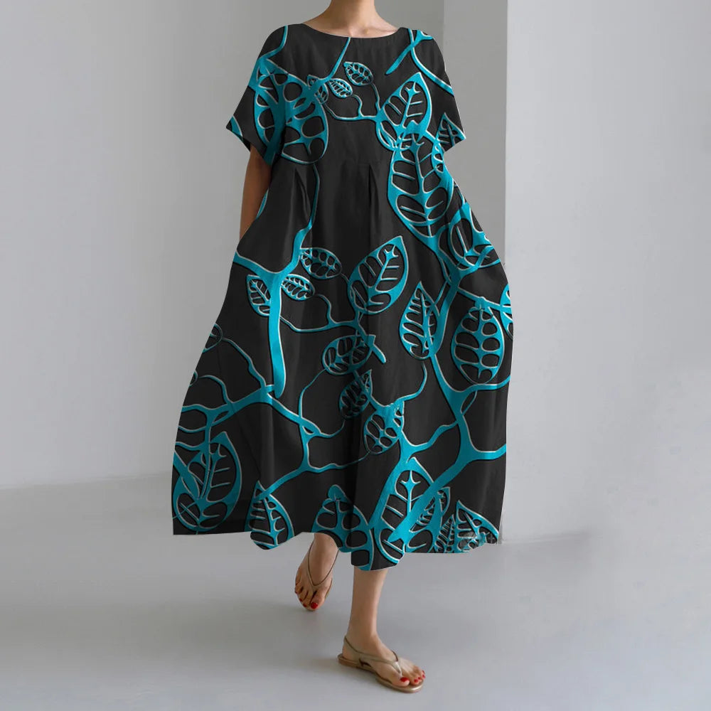 Maxy Summer New Bohemian Casual Dresses Vintage Women's Cotton Printed Dresses Womens Floral Long Dresses Round Neck Pullover Dresses