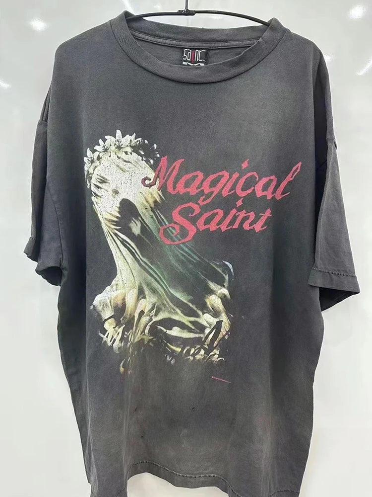 SAINT T Shirt Men Woman Summer Good Quality O-Neck Loose Letter Printing Dropped Shoulder Vintage Tops Tee
