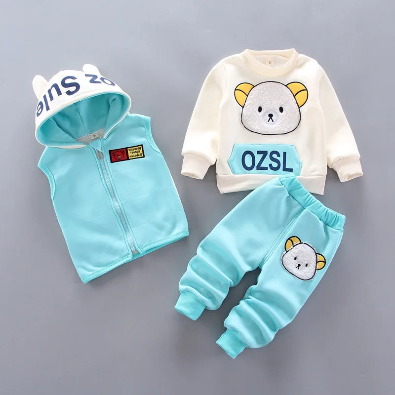 Babs Boy Clothing Set Autumn and Winter Velvet Thick Warm Casual Hooded Sweater Cartoon Cute Bear 3Pcs Toddler Girl Clothes Suit