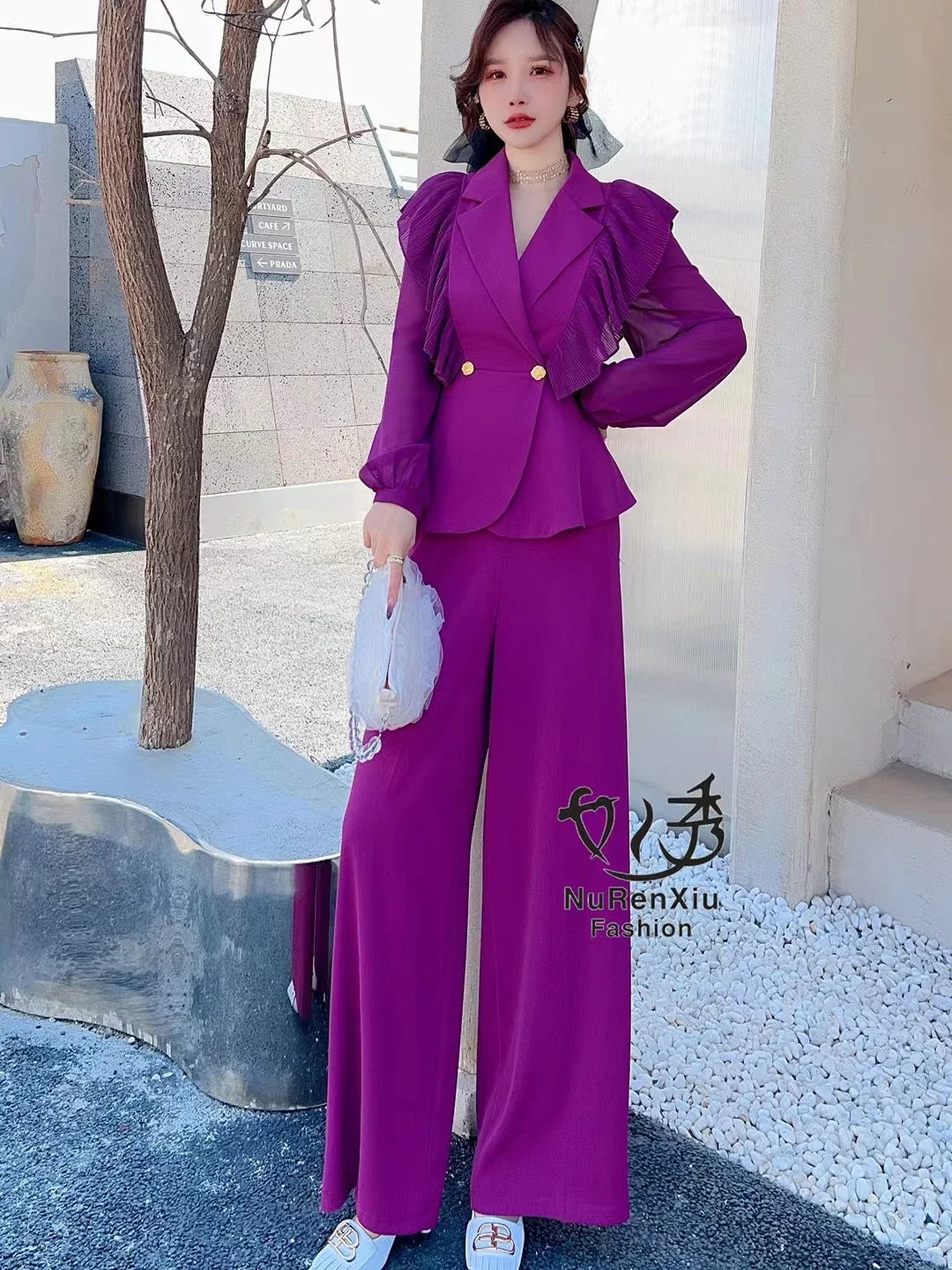 Temperament Suit Women Outfits 2023 Spring New Chiffon Ruffled Stitching Suit Coat High Waist Loose Wide Leg Pants Two-Piece Set