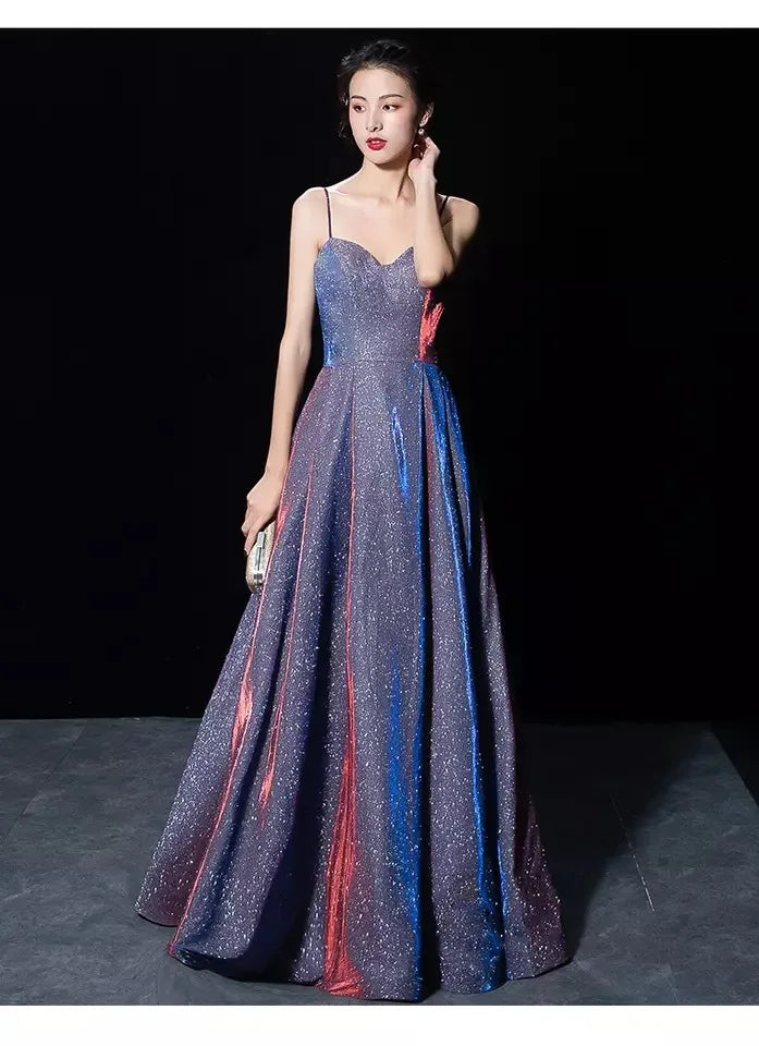 Maxy Elegant Glitter Banquet Dresses Women Fashion Spaghetti Straps Slimming Starry Sky Evening Party Dress Sexy Gown Prom Dress