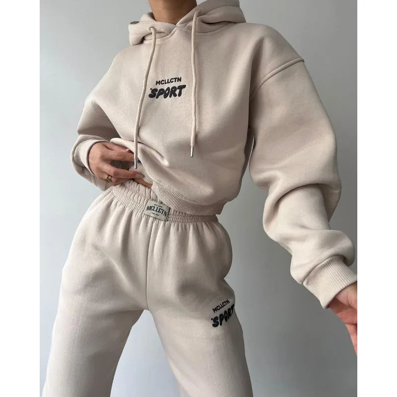 Maxy Women Long Sleeve Hooded Pullover Sweatshirt Elastic High Waist Pants Suit 2024 Autumn Winter New Letter Print Loose Sports Suit