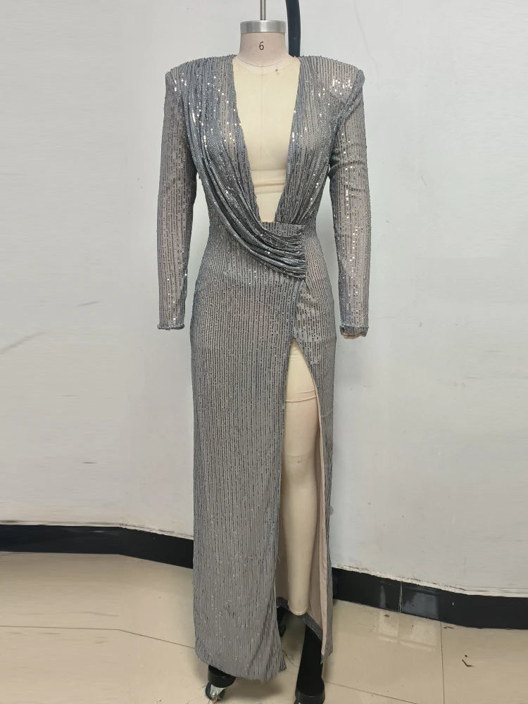 Maxy Sexy Deep V Neck Long Sleeve Shiny Sequins Folds Long Dress Women Sliver Gray Draped Split Slim Dresses Eveing Party Club Gowns