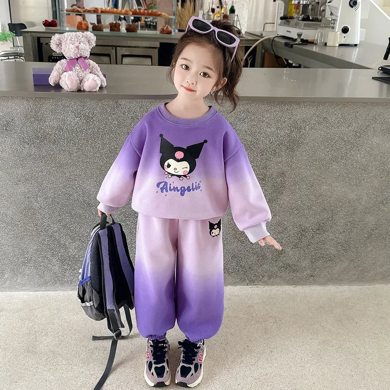 Maxy New Anime Sanrio Kuromi Cartoon Print Hoodies Sets for Girls Long Sleeved Top and Long Pant Children's Tracksuits Birthday Gifts