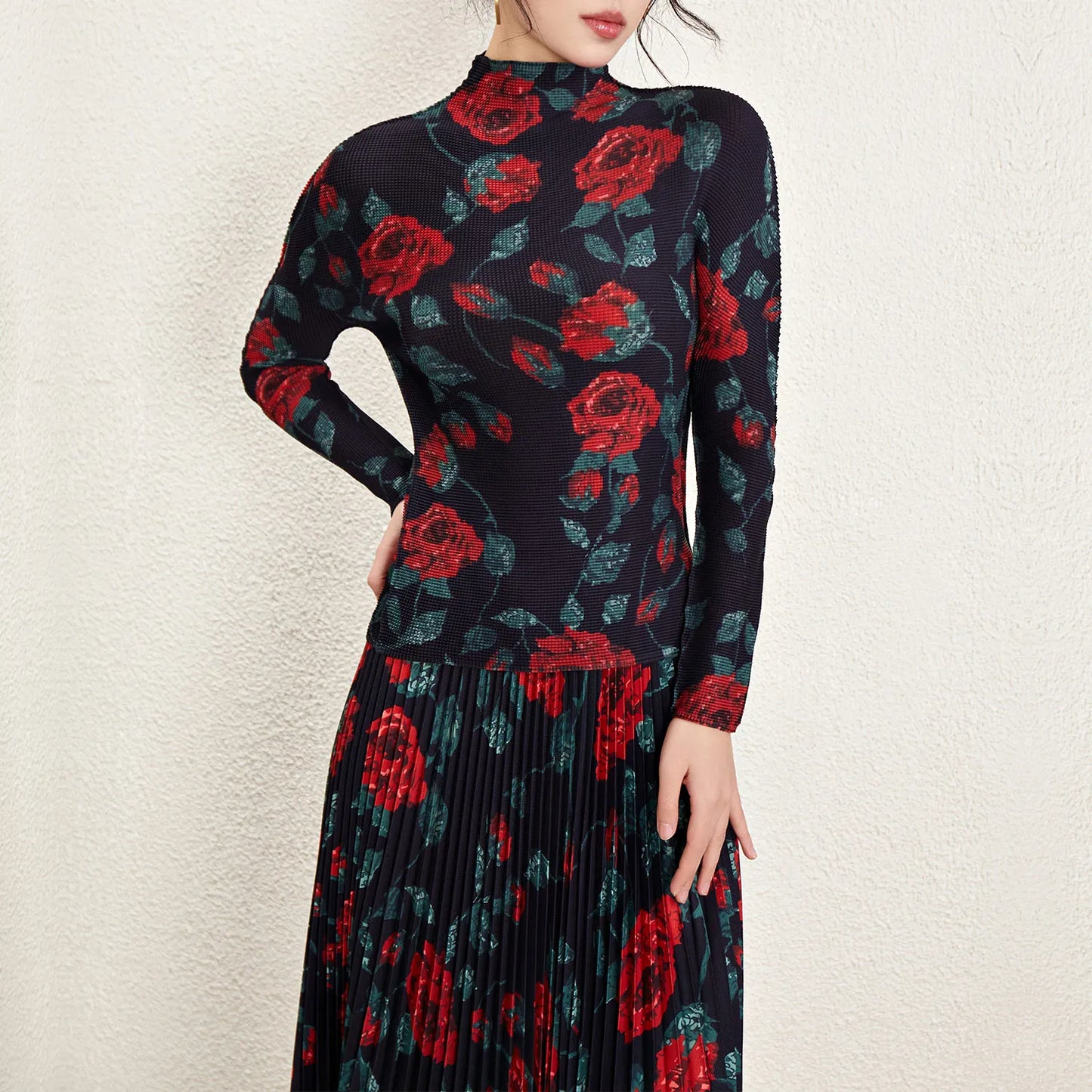 Maxy Momoka printed stretch top and long pleated skirt casual one size accept customized skirt two piece set