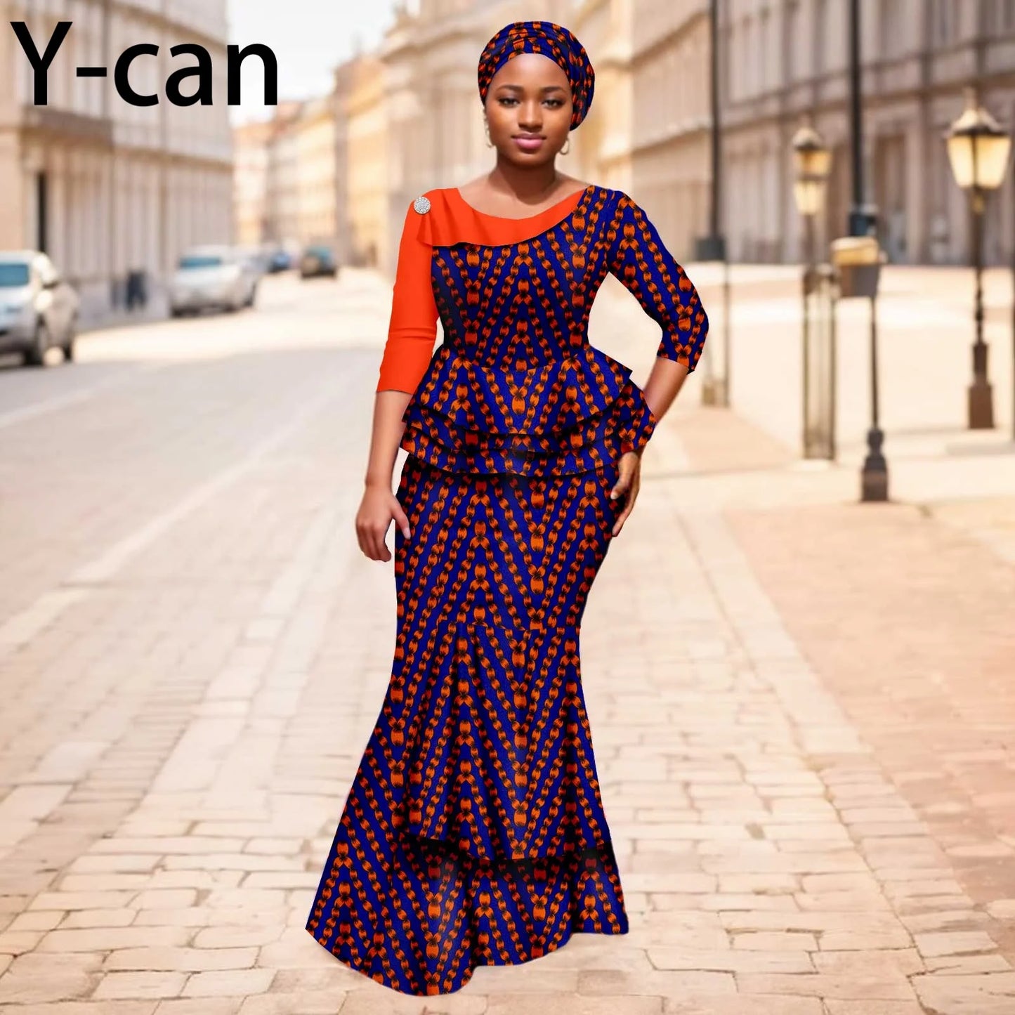 Maxy New African Dresses for Women Dashiki Print Patchwork Top and Mermaid Skirt Match Turban Traditional Wedding Party Dress 2526004