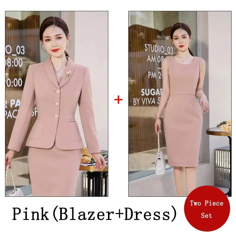 Maxy New Autumn Work Wear Women's Suit Elegant Solid Blazer +Sleeveless Dress 2 Piece Set Single Breasted Jacket Plus Size S-5XL