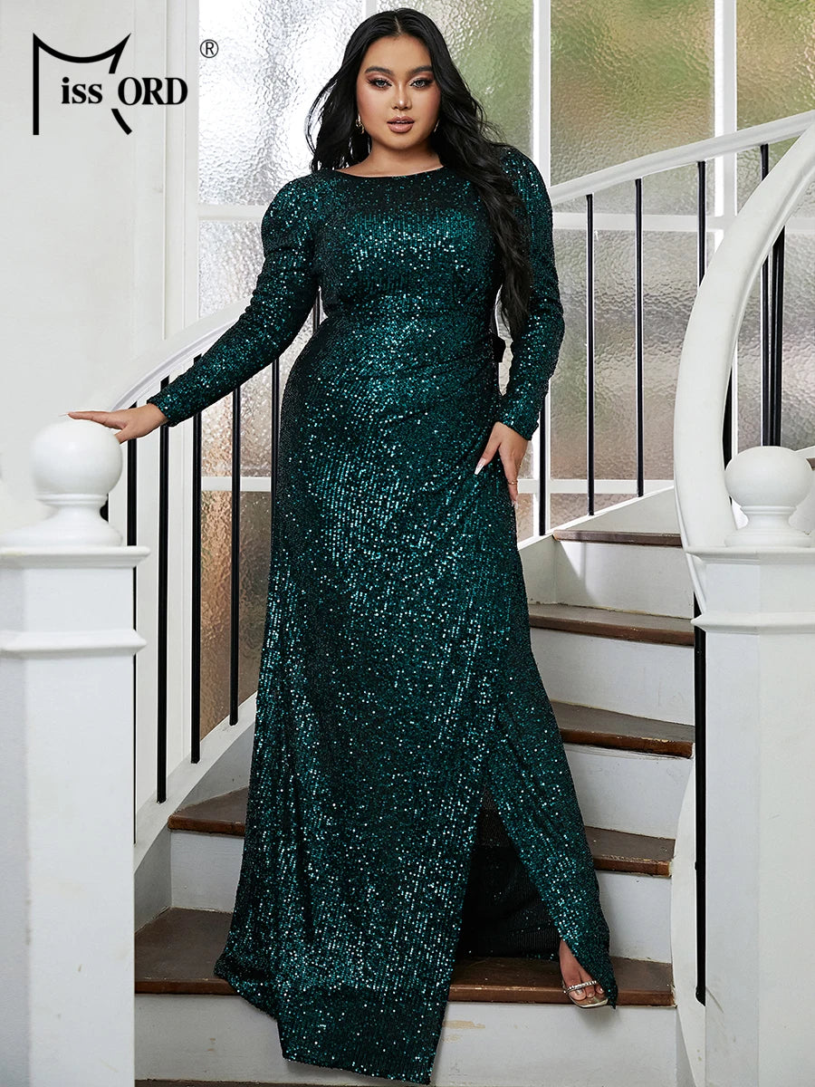 Maxy Plus Size Summer Dress Women Trend Open Back Sequin Floor Length Green Prom Dress