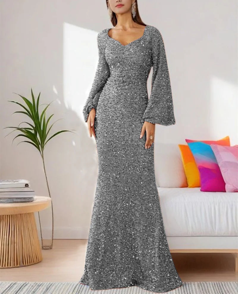 Maxy Elegant Sequins Prom Dress Women Fashion V-neck Wrapped Hip Flare Sleeve Long Evening Dress Chic Solid Party Gown Dresses