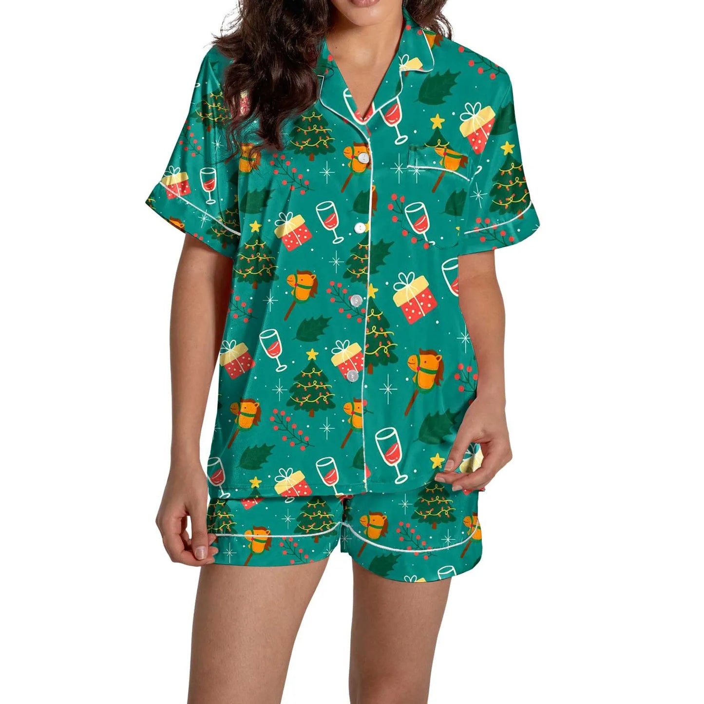 Christmas Graphic Print Women's Button-Down Shirts Pajamas Shorts Set Causal Women‘s Silk Satin 2 Piece Homewear Shorts Set Soft