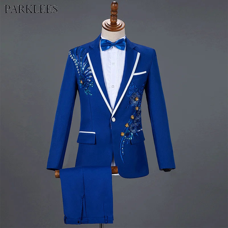 Amay Royal Blue Sequin Embroidery Suit Men Wedding Groom Tuxedo Suits Pants Mens One Button Peak Lapel Stage Costume Traje Hombre 2XL