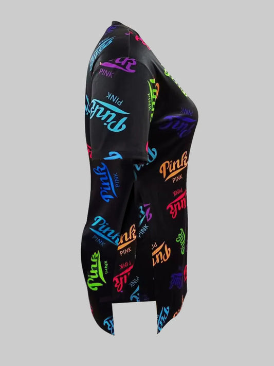 Maxy Plus Size 2pcs sets Letter Print Split Shorts Set Summer Women Two Piece Set Pullover Short Sleeve T-Shirt Casual Tracksuit