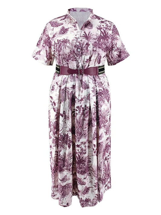 Wmstar Plus Size Dresses Women Elegant Vintage Short Sleeve Summer Holiday Print Maxi Dress Wholesale Dropshipping with Belt