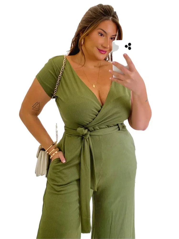 Wmstar Plus Size Women Clothes Jumpsuit  Solid Off Shoulder with Bandage Summer Beach V Neck New Style Wholesale Dropshipping