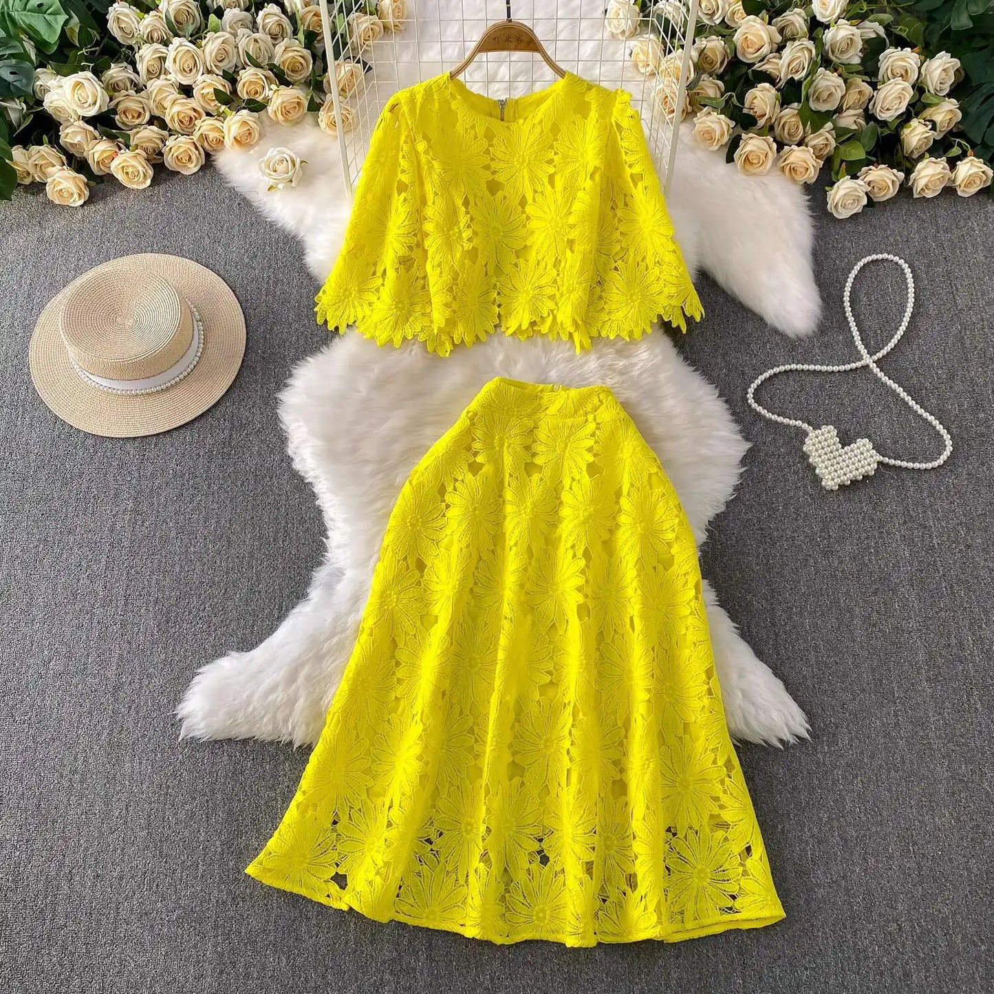 Maxy Elegant 2 Piece Set Women Summer Autumn Hollow Out Crochet Embroidery Prom Evening Party Long Dress Suits Crop Top Skirts Suits