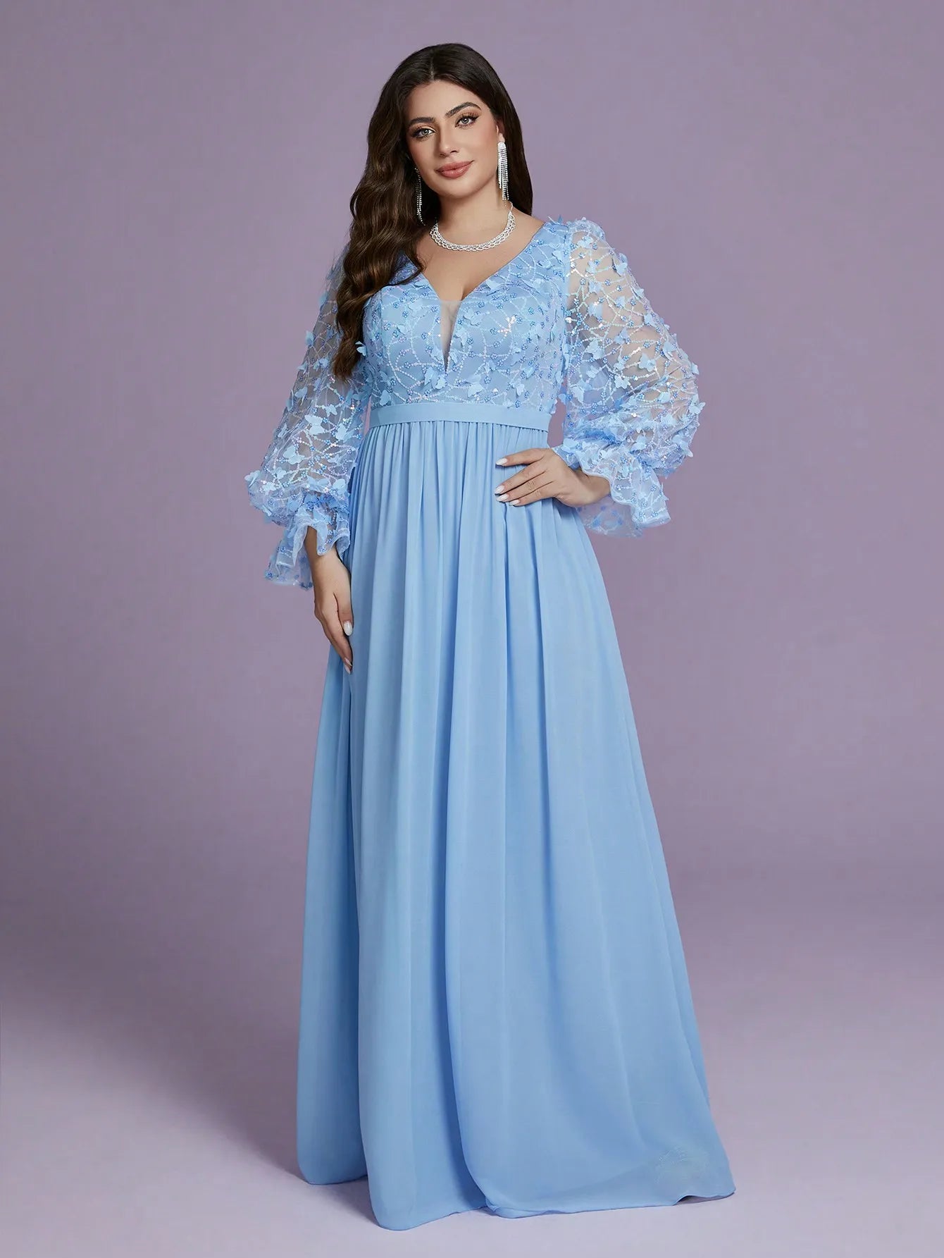 Maxy Mgiacyv-neck flame-patterned butterfly sequined long-sleeved hem pearl chiffon high-end evening dress