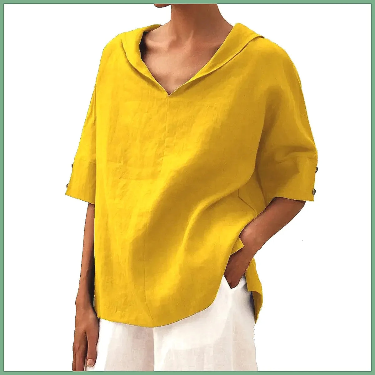Maxy Women's Loose V-Neck Cotton Linen Shirt, Casual Elegant Summer Blouse Office Wear