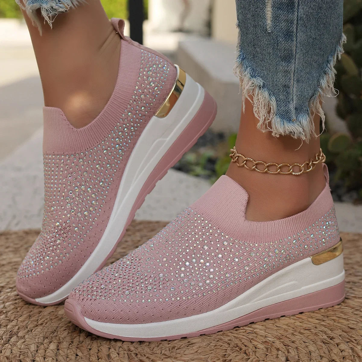 Visco Orange Rhinestone Casual Sneakers Breathable Wedge Women Lightweight Shoes Slip On New Comfortable Spring Mesh Sports Shoes