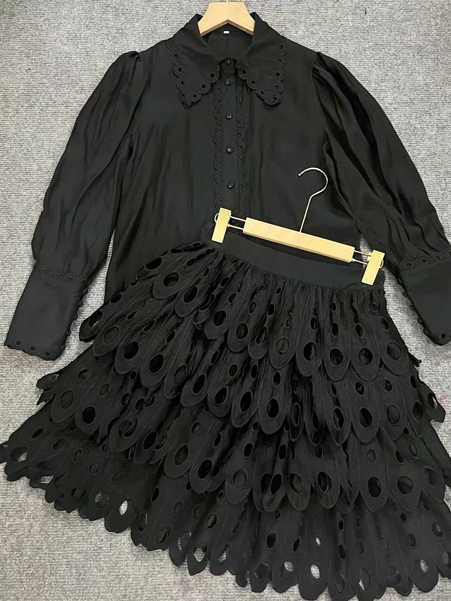 Maxy Solid Hollow Out Skirt Suit for Women Lapel Long Sleeve Shirt High Waist A Line Skirts Elegant Outfits Female Clothing
