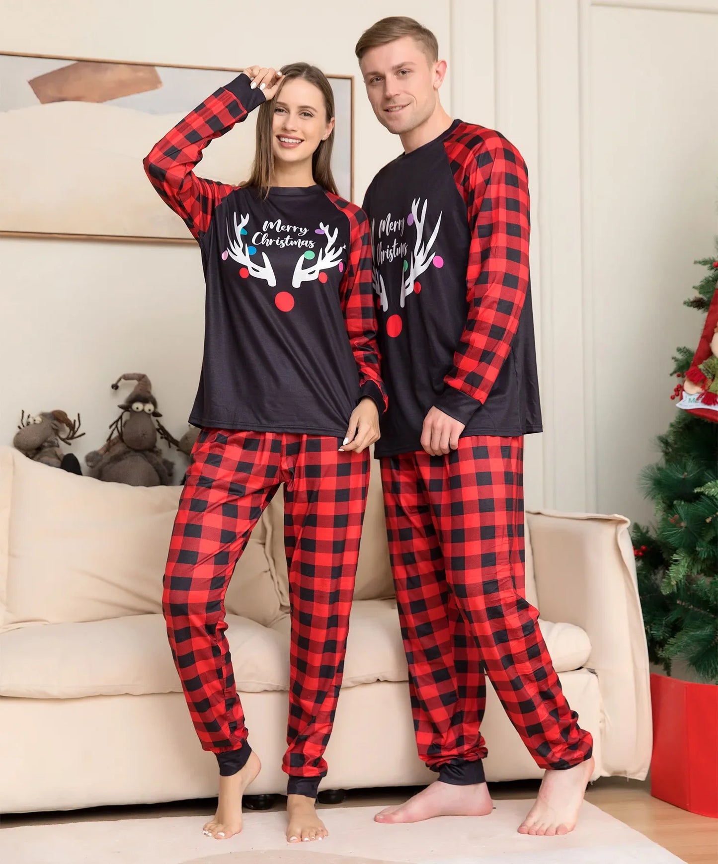 Merry Christmas Print Plaid Family Pajamas Set Soft Cute 2 Pcs Sleepwear Adults Kids Clothing Sets Baby&Dog Romper Pjs Xmas