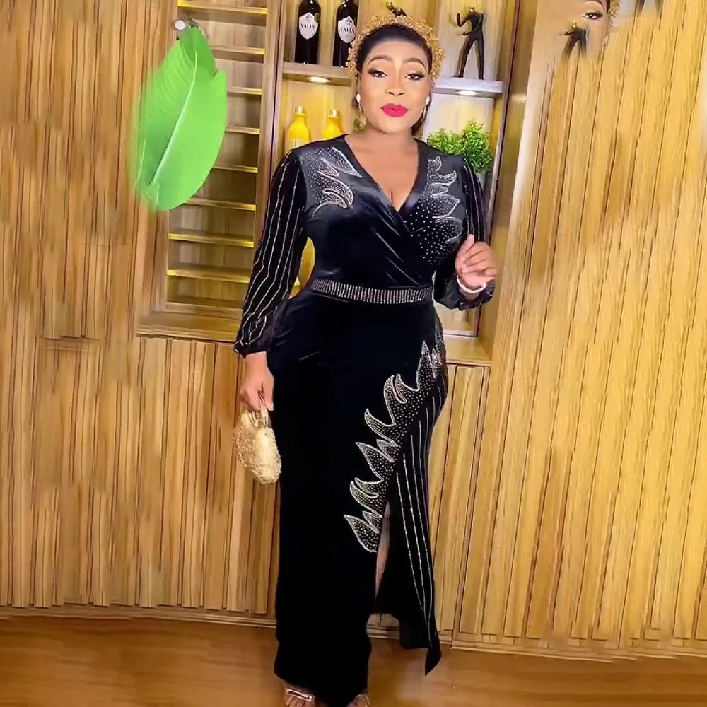 Plus Size African Women Velvet Diamonds Bodycon Marmaid Dress Dubai Kaftan Muslim Dresses Africa Ankara Dashiki Party Gown Robe