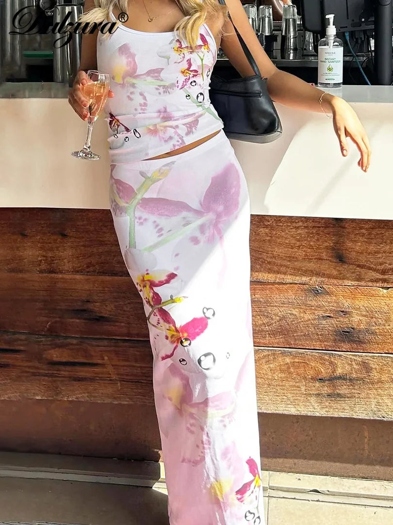 Maxy Dziura Floral Print Matching Suit Backless Spaghetti Strap Camisole Top Maxy Dress Sets Women Summer Cocktail Evening Party