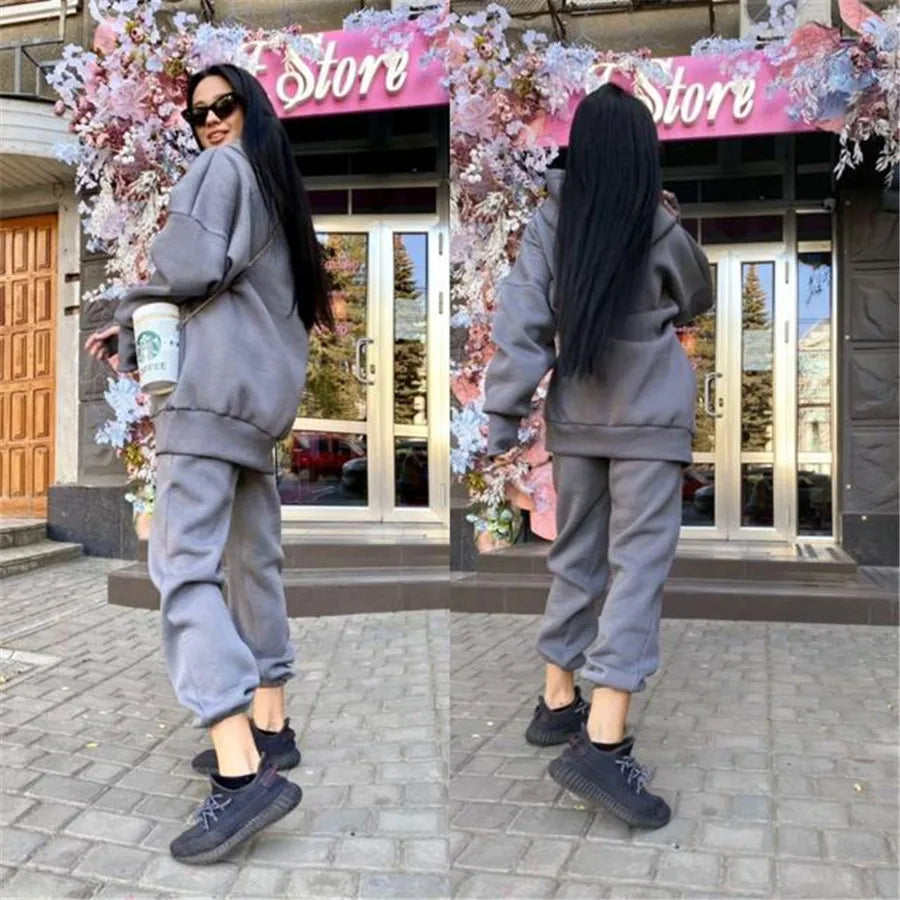 Maxy Winter Two Piece Set Women Tracksuit Oversized Suit 2024 Autumn Trouser Suits Female Sweatshirt Solid Sports Hoodie Sportswear