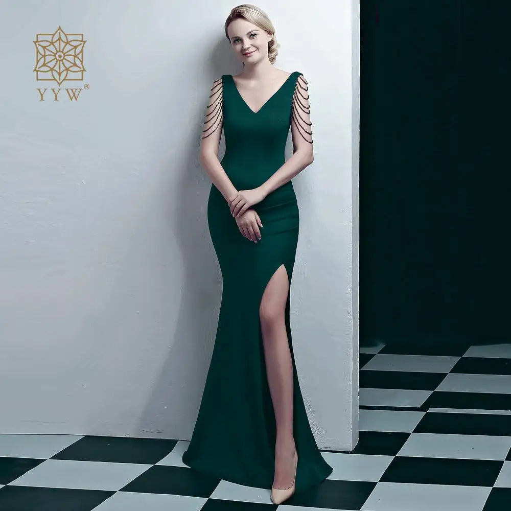 Maxy Evening Dress for Women Classic Beading V Neck Mermaid Ball Gown Satin Cocktail Party Vintage Elegant Long Maxy Side Slip Robe