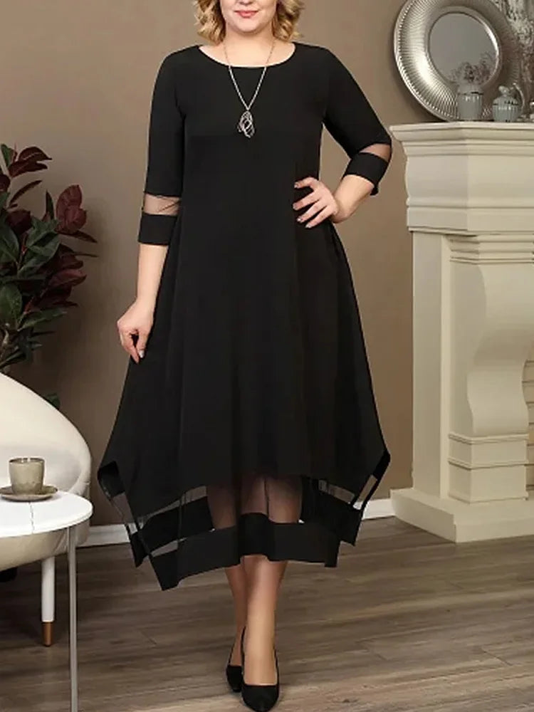 Maxy Plus Size Black Contrast Mesh Splicing Long Dress Women Summer O-Neck 3/4 Sleeve Elastic Knitted Elegant A-Line Dresses