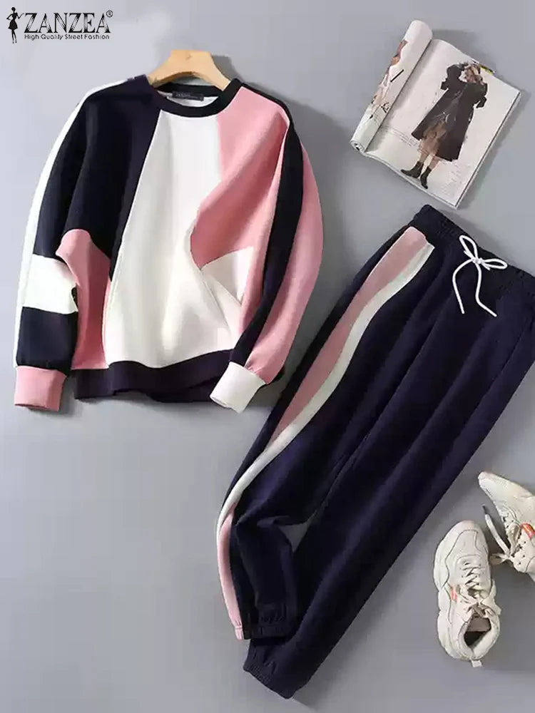 Maxy Fall Loose Tracksuits Long Sleeve Sweatshirts Sweatpants Casual Color Block 2pcs Outfits Streetwear Women Pant Sets